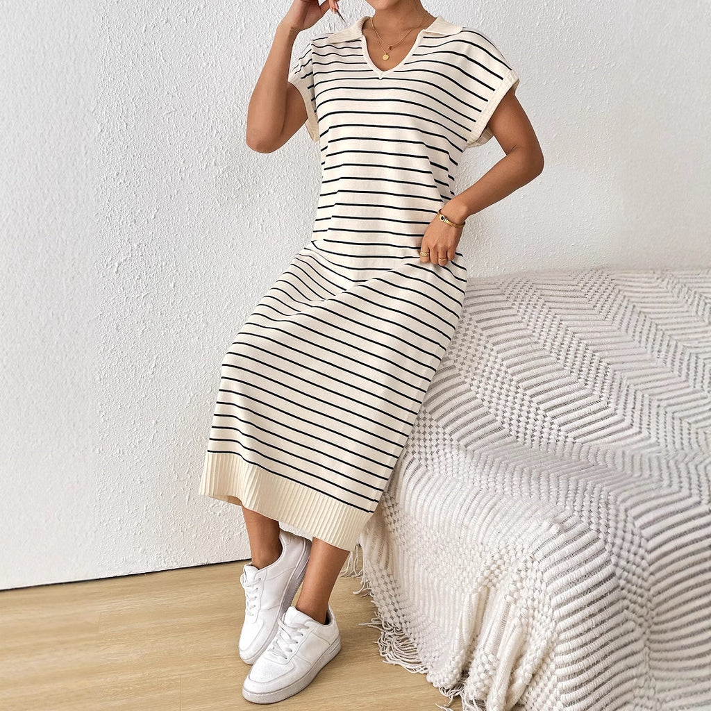 Women's Knitted Striped V-neck Long Dress