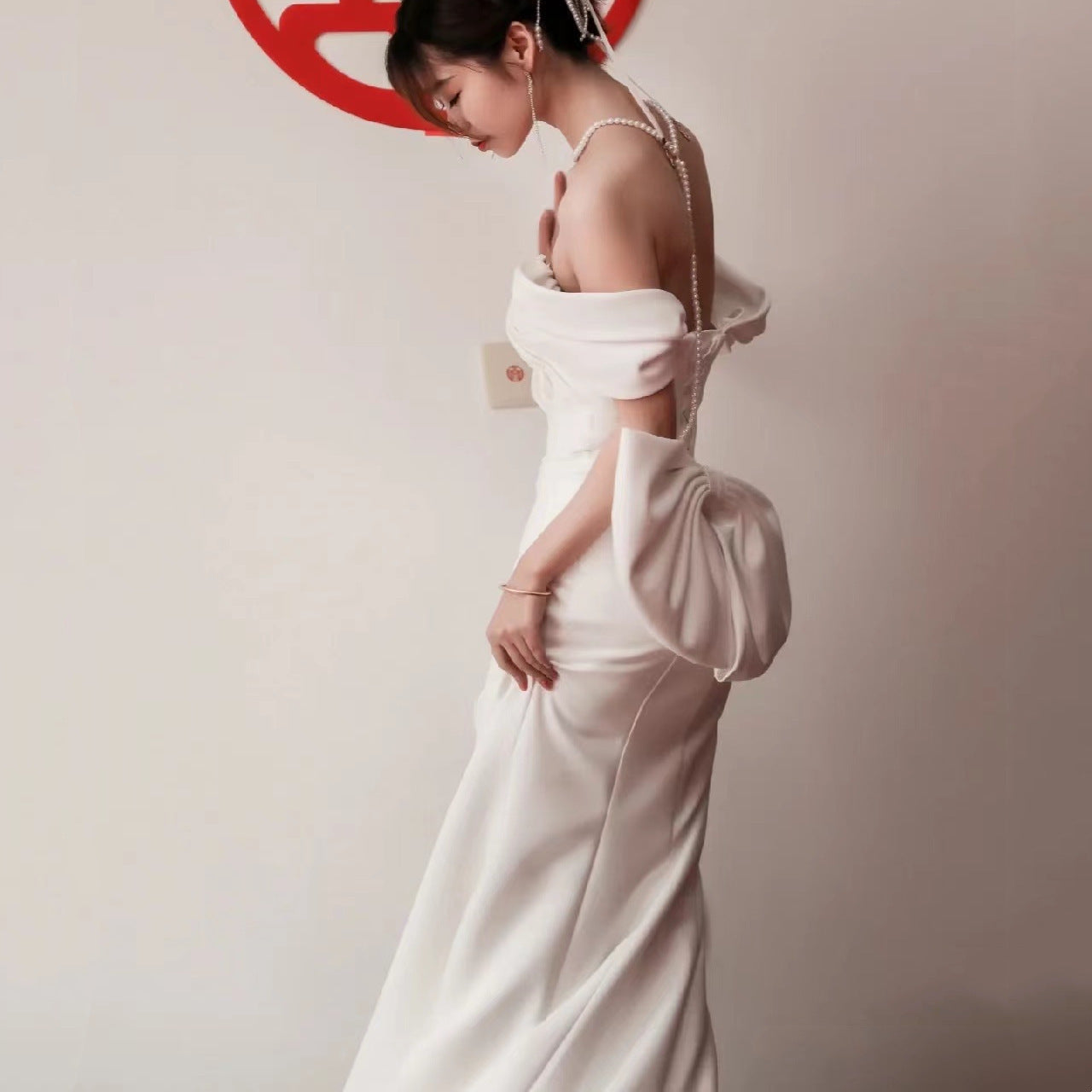 Bride Simple Mori Style Welcome Wedding Veil White Slim Satin Fishtail Dress