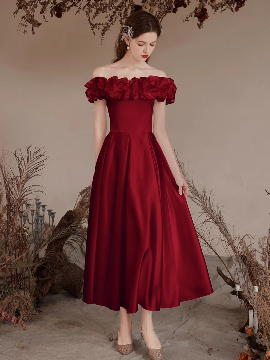 Wine Red Bride Marriage Engagement Dress Mid-length High-end Sense