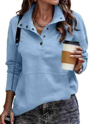 Women's Solid Color Pocket Design Long Sleeve Button Fashionable Sweatshirt