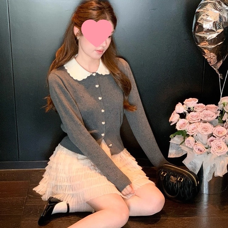 Navy Blue Contrast Color Doll Collar Petal Design Long Sleeve Knit Sweater