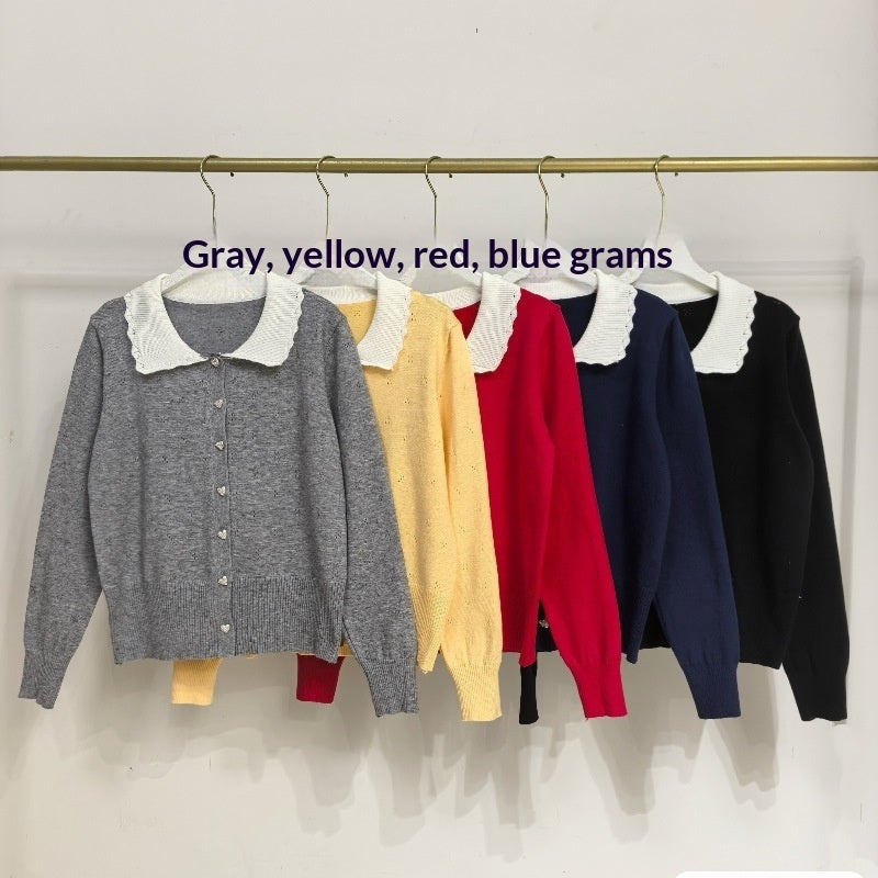 Navy Blue Contrast Color Doll Collar Petal Design Long Sleeve Knit Sweater