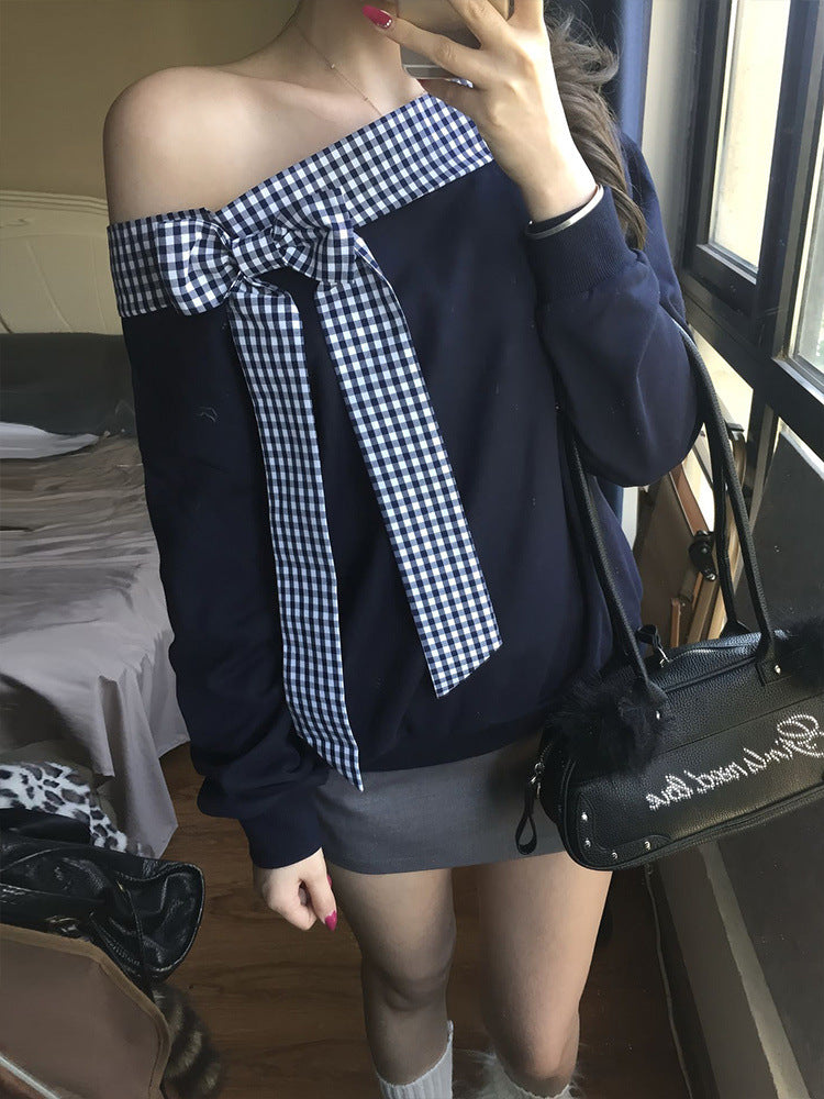 Fashion Plaid Off-shoulder Long Sleeve T-shirt Women