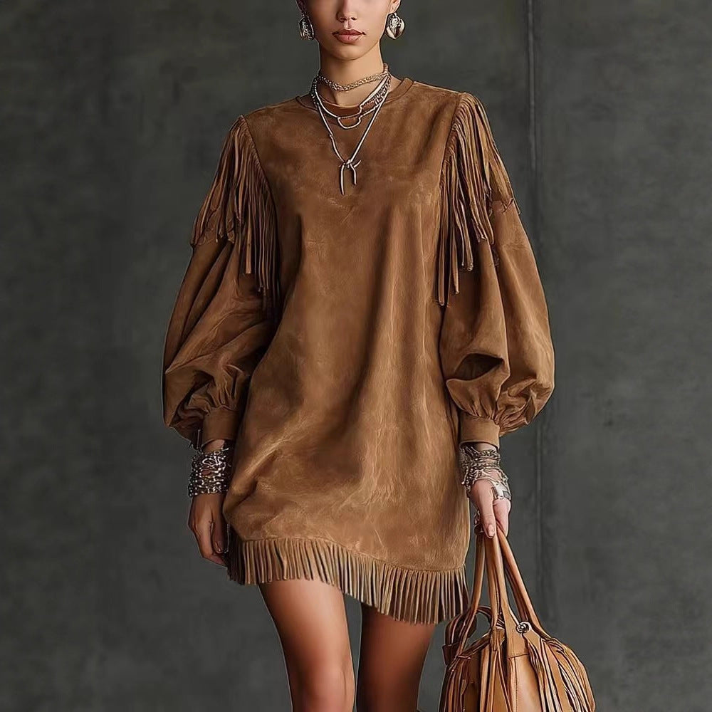 Ladies Fringe Loose Solid Color Dress