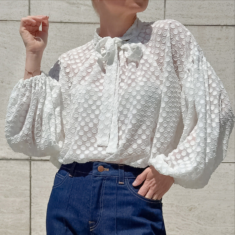 Lady Polka Dot Lace Elegant Long Sleeve