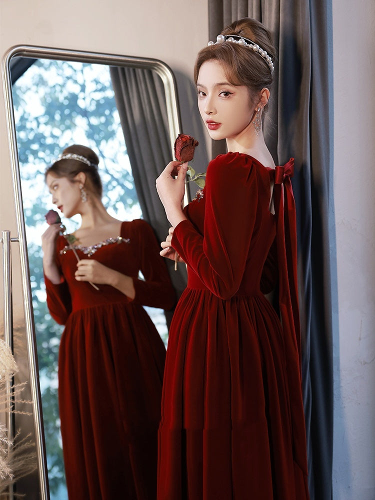 Wine Red Velvet Evening Dress Bride Out Of Court Banquet Dress