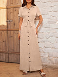 Women's Lapel Dress Cardigan Button Belt Decorated Dress