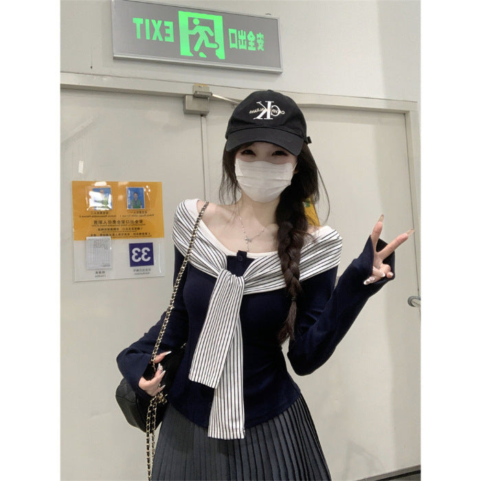 Fashion Striped Lace-up Long Sleeve T-shirt Women