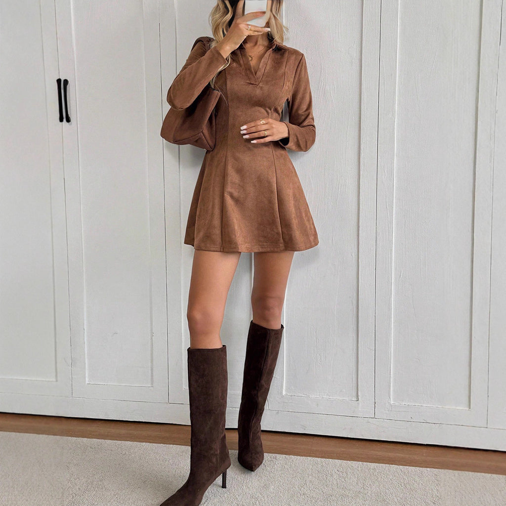 Solid Color Waist-length Long Sleeve Lapel Women's Knitted Suede Dress