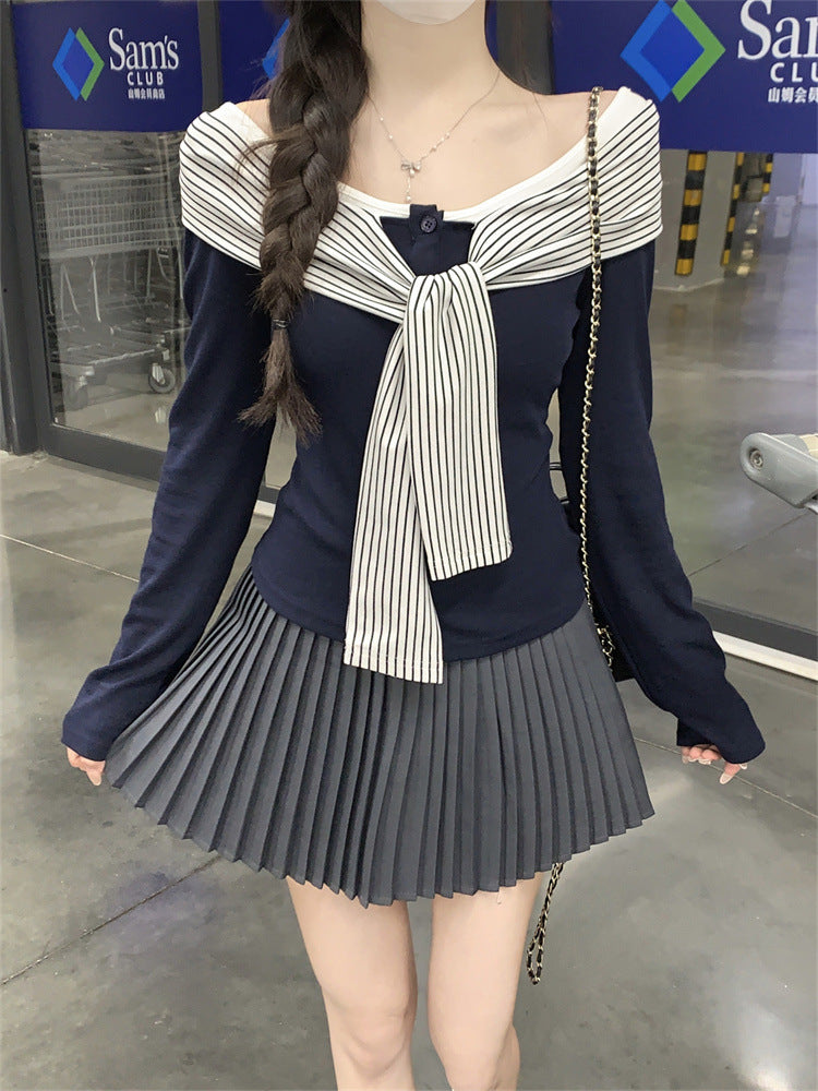 Fashion Striped Lace-up Long Sleeve T-shirt Women