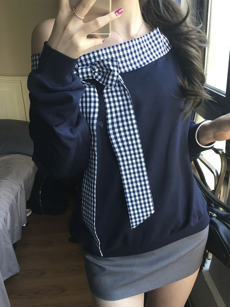 Fashion Plaid Off-shoulder Long Sleeve T-shirt Women