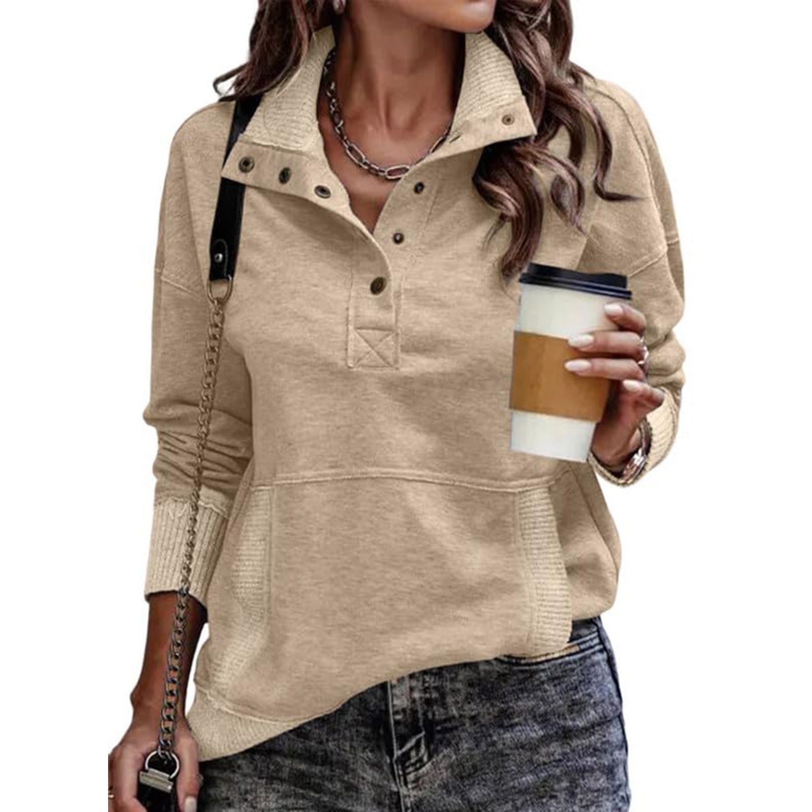 Women's Solid Color Pocket Design Long Sleeve Button Fashionable Sweatshirt