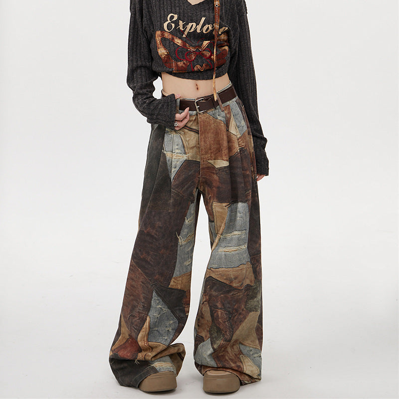 Retro Print Wide-leg Jeans For Men And Women Low-rise Pants