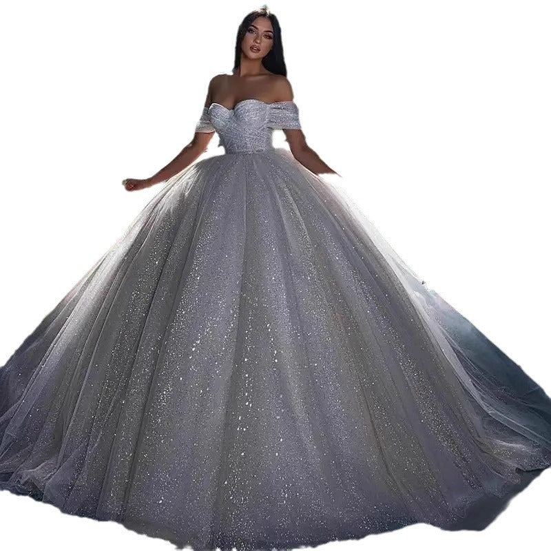 Off-shoulder Wedding Temperament Bride Mori Style Super Fairy Slimming Sequined Dress
