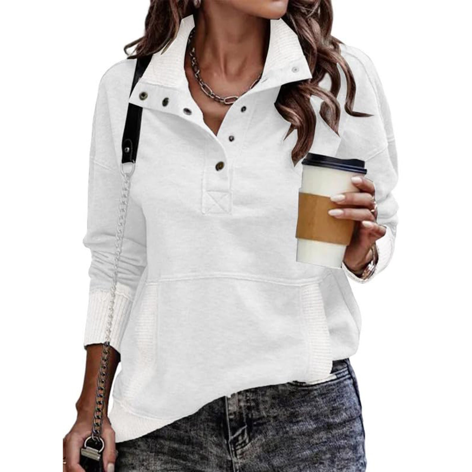 Women's Solid Color Pocket Design Long Sleeve Button Fashionable Sweatshirt