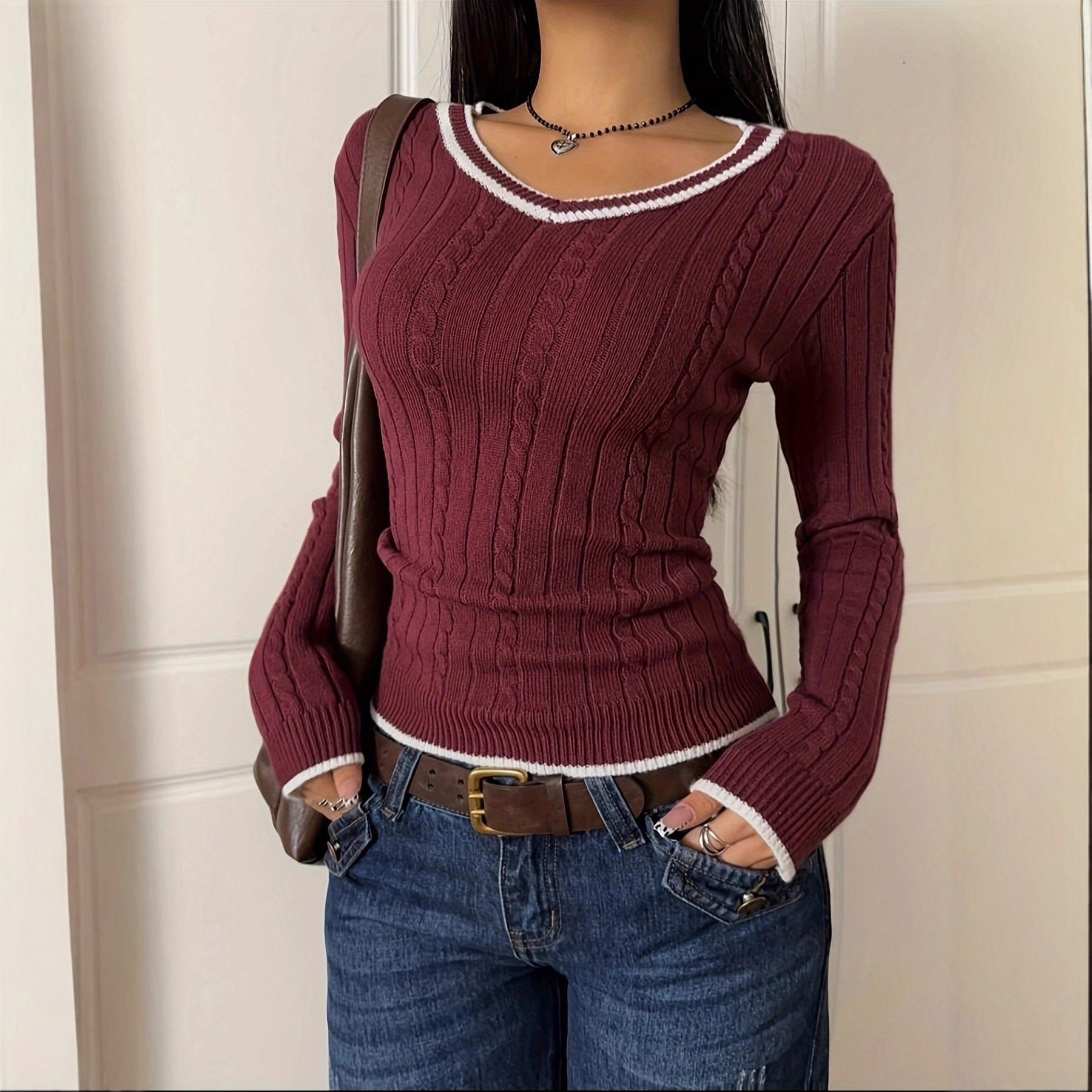 Color-block Casual Sweater Slim-fit V-neck Pullover Knit Top