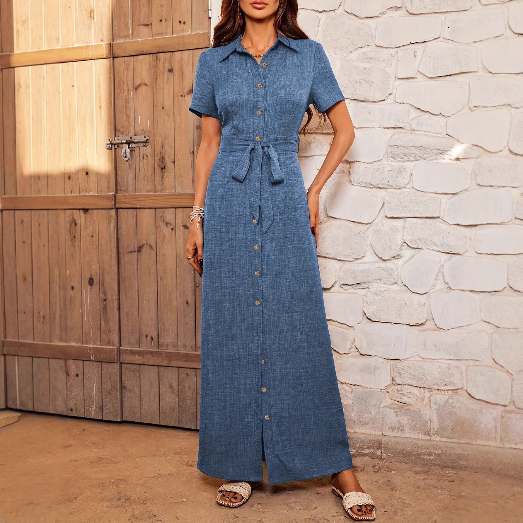 Women's Lapel Dress Cardigan Button Belt Decorated Dress