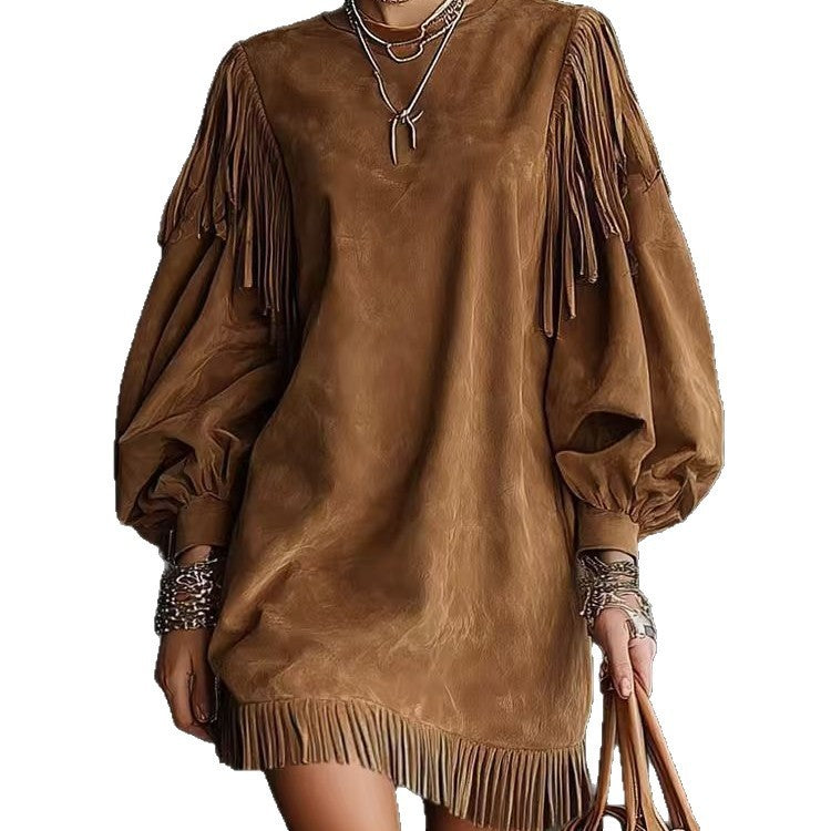 Ladies Fringe Loose Solid Color Dress