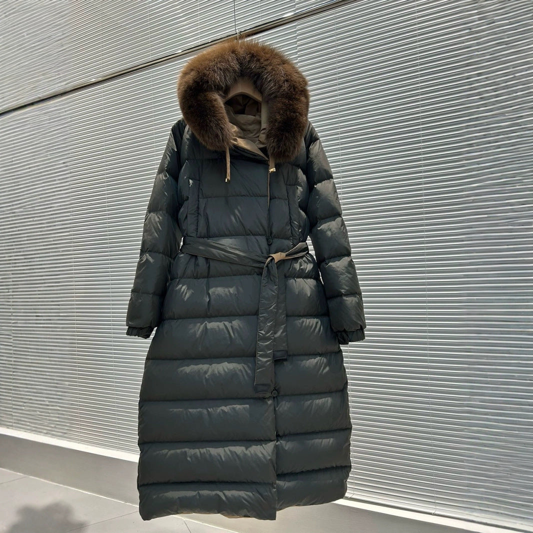 Color-blocked Hooded Reversible Thick Waist-cinching Long Coat For Women