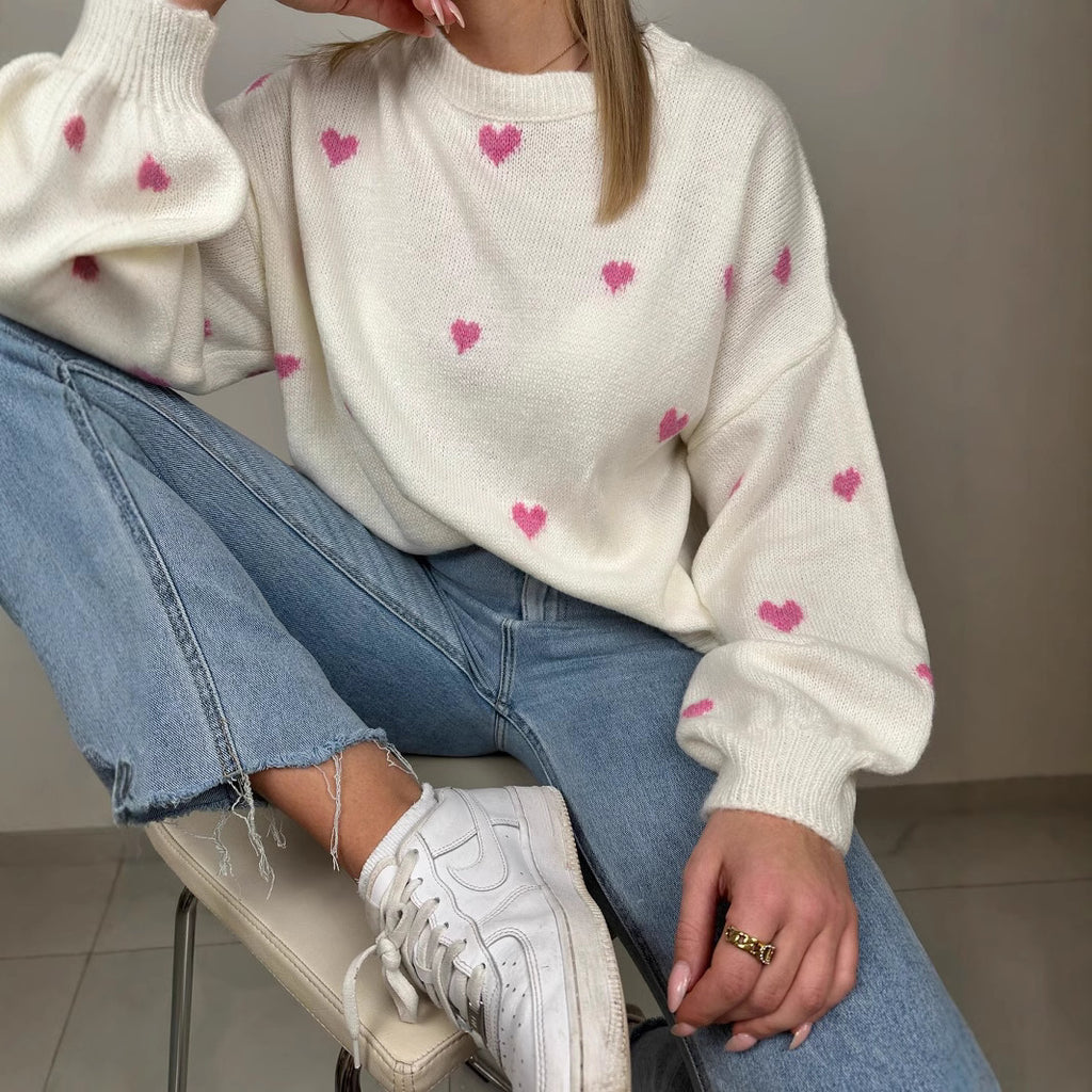 Knitted Heart Round Neck Casual Sweater