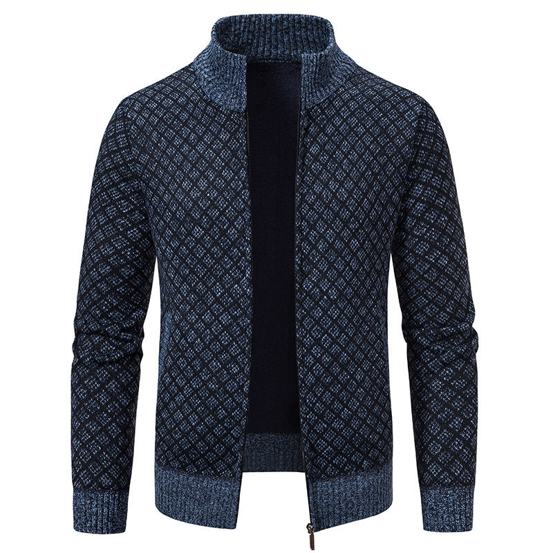 Thickened Plaid Print Jacket Cardigan Fashion Slim Fit Zipper Stand Collar Sweater Winter Men's Casual Long Sleeve Knitted Top Clothing