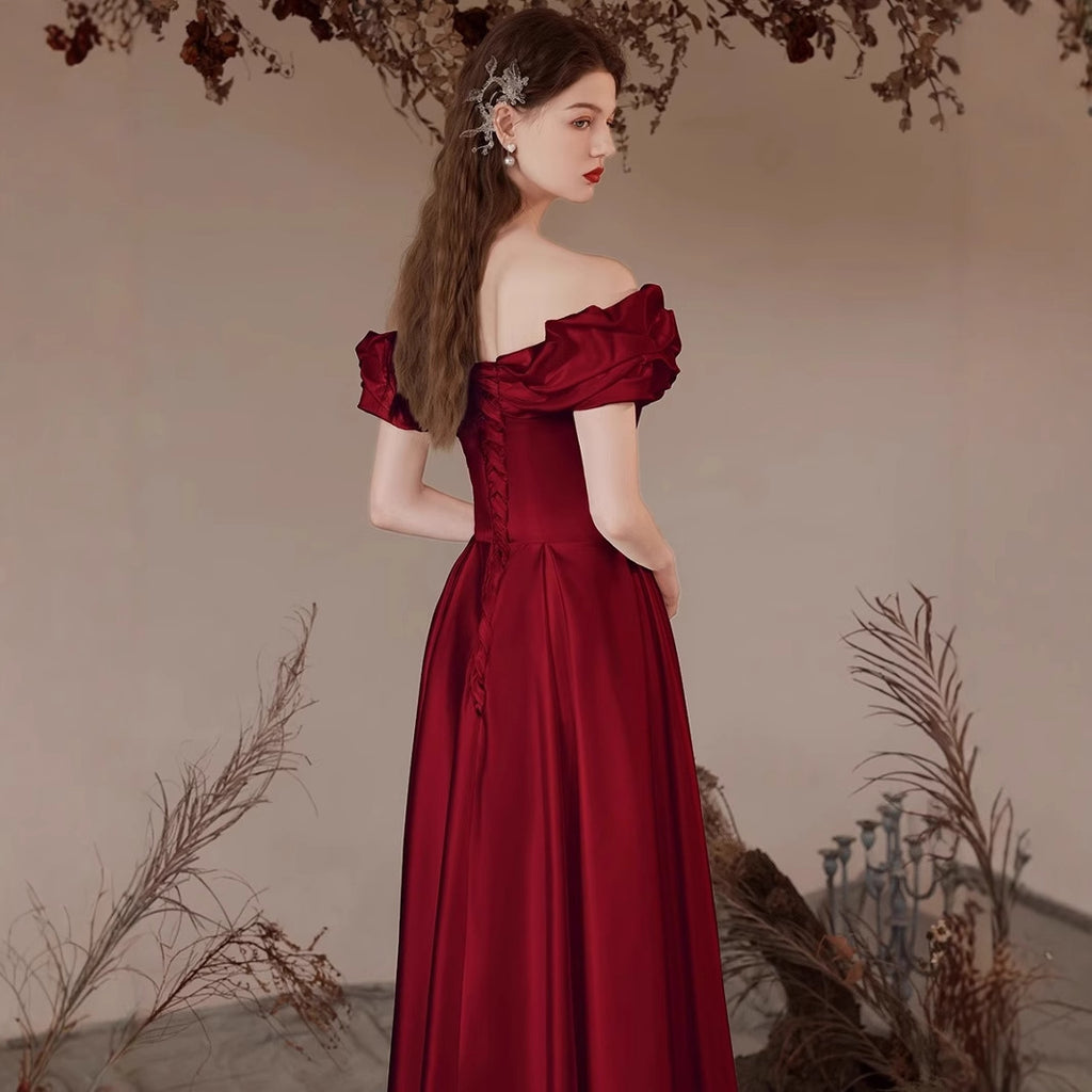 Wine Red Bride Marriage Engagement Dress Mid-length High-end Sense