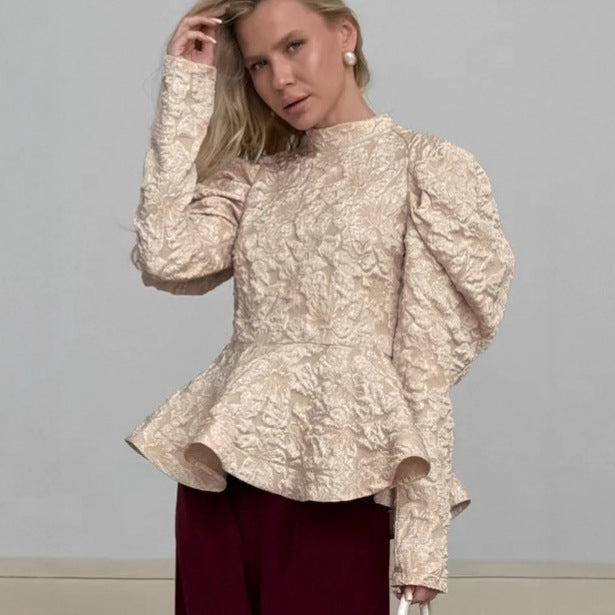 Lady's Retro Solid Color Stand Collar Puff Sleeve Long Sleeve