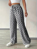 Women&#39;s Casual High-waisted Checkered Straight-leg Pants