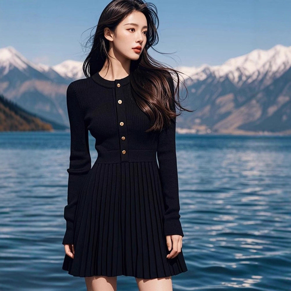 French Black Waist-cinching Knit Women's Dress