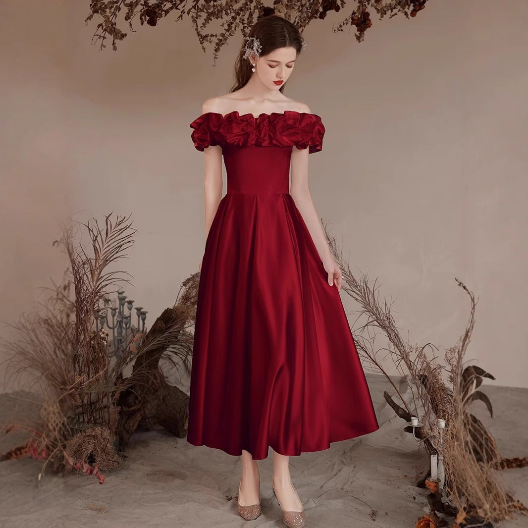 Wine Red Bride Marriage Engagement Dress Mid-length High-end Sense