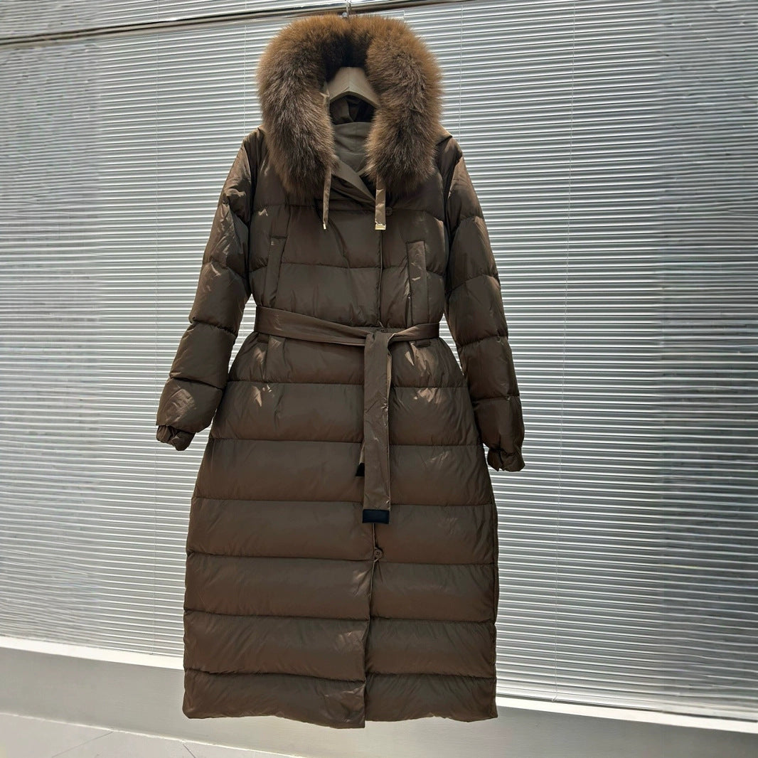 Color-blocked Hooded Reversible Thick Waist-cinching Long Coat For Women