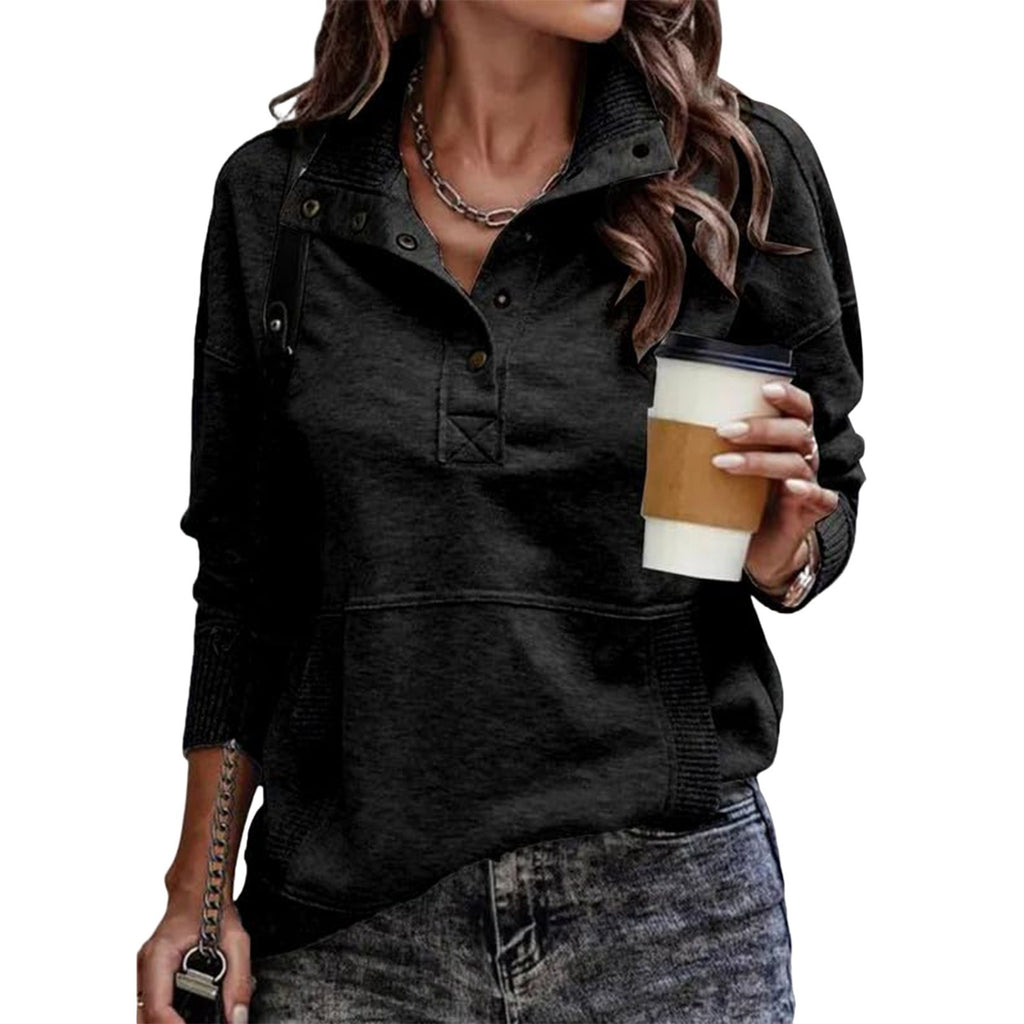 Women's Solid Color Pocket Design Long Sleeve Button Fashionable Sweatshirt