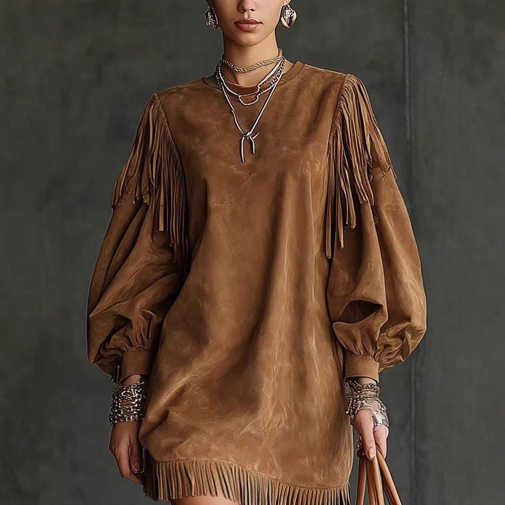 Ladies Fringe Loose Solid Color Dress