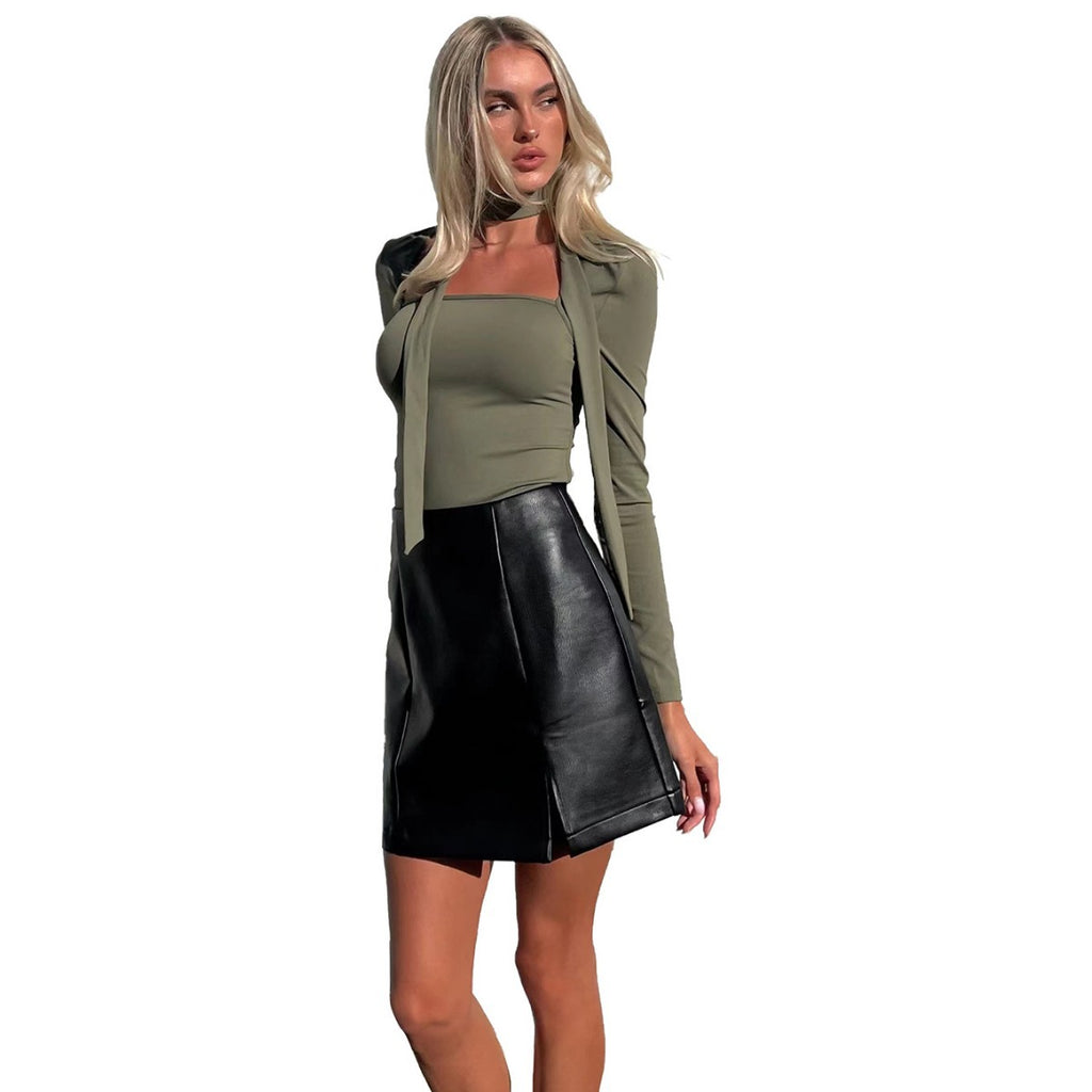 European And American High-end Mature Style T-shirt Autumn And Winter Square Neck Tie Slim Short Top With Temperament