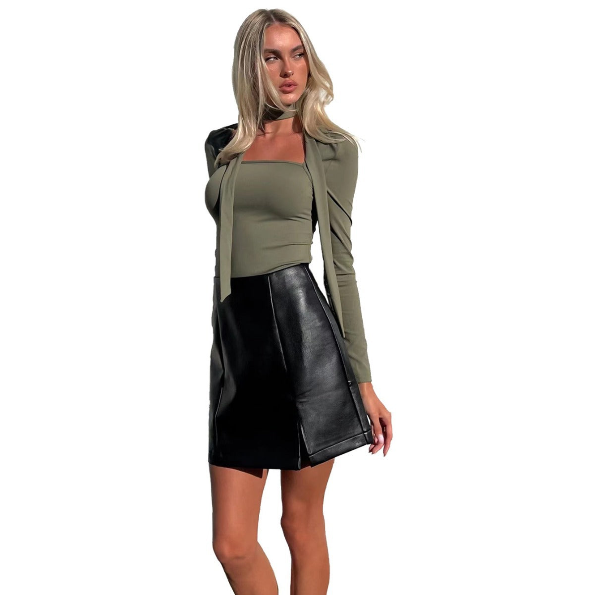 European And American High-end Mature Style T-shirt Autumn And Winter Square Neck Tie Slim Short Top With Temperament