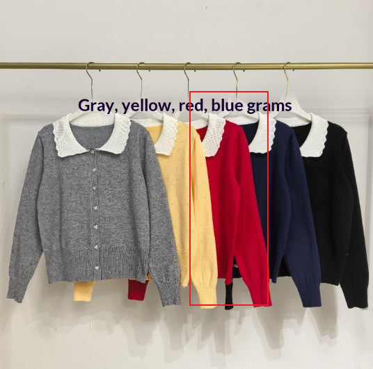 Navy Blue Contrast Color Doll Collar Petal Design Long Sleeve Knit Sweater