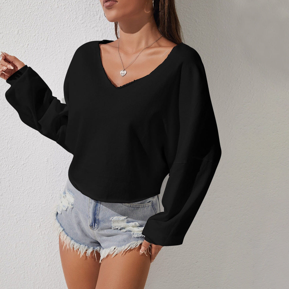 European And American Elegant And Intellectual Style Loose T-shirt Autumn And Winter V-neck Versatile Slim Off-shoulder Design Top