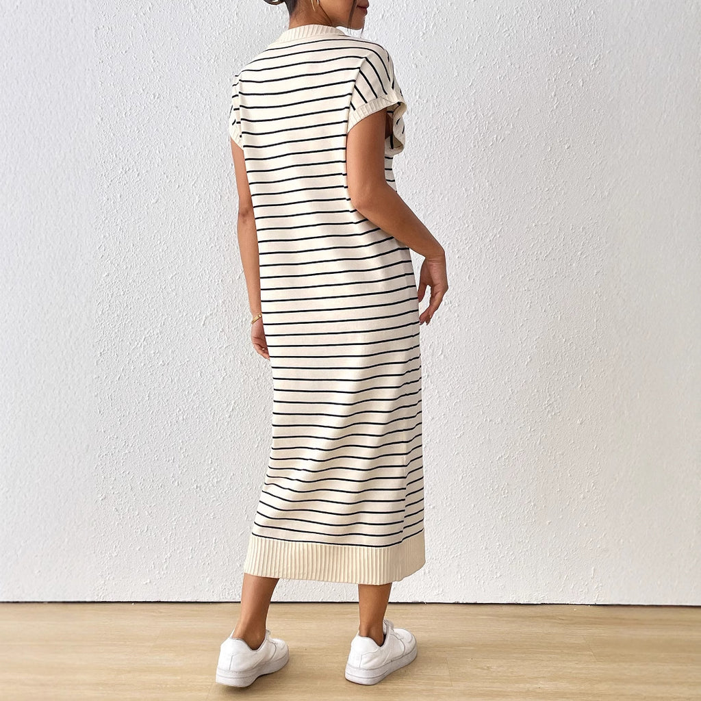 Women's Knitted Striped V-neck Long Dress
