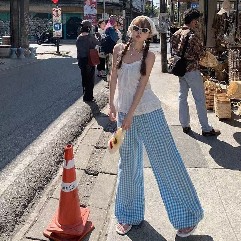 Color-block Dopamine Grid High-waisted Draped Wide-leg Pants Loose And Slimming Casual