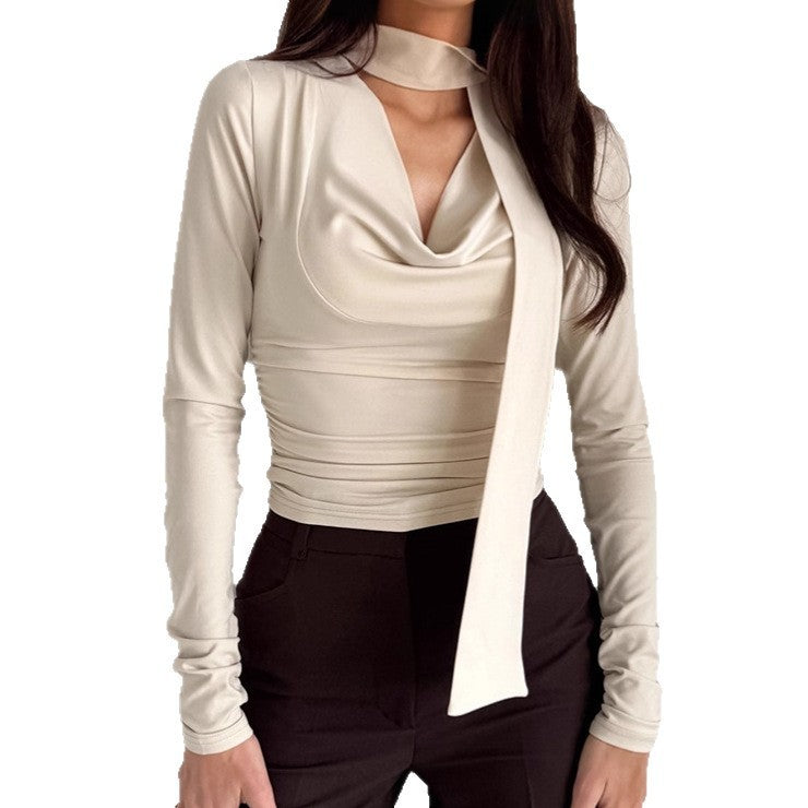Retro Slim Ribbon Long Sleeve T-shirt For Women