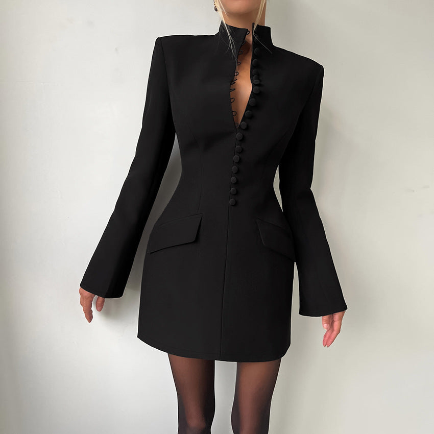 Women's Sexy Slim Waist Long Sleeve Stand Collar Dress
