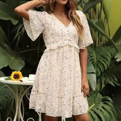 Fashion Slim Fit V-neck Printed Short Sleeve Dress