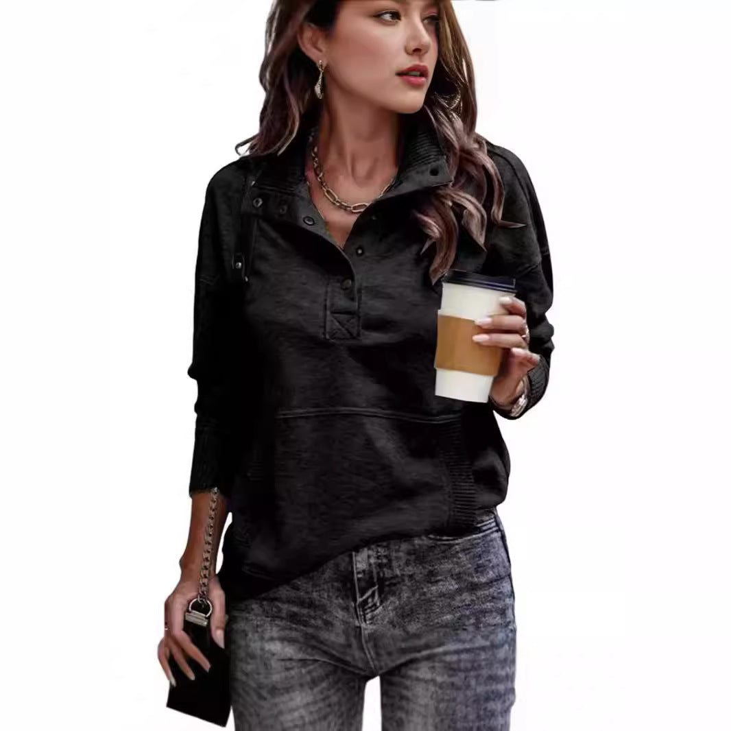 Women's Solid Color Pocket Design Long Sleeve Button Fashionable Sweatshirt
