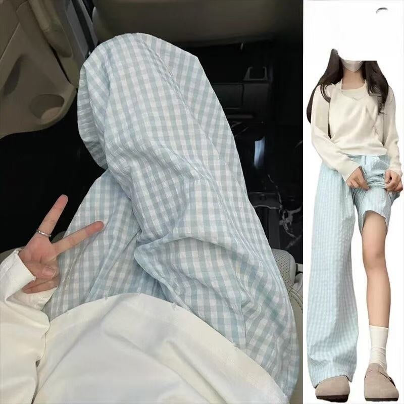 Color-block Dopamine Grid High-waisted Draped Wide-leg Pants Loose And Slimming Casual