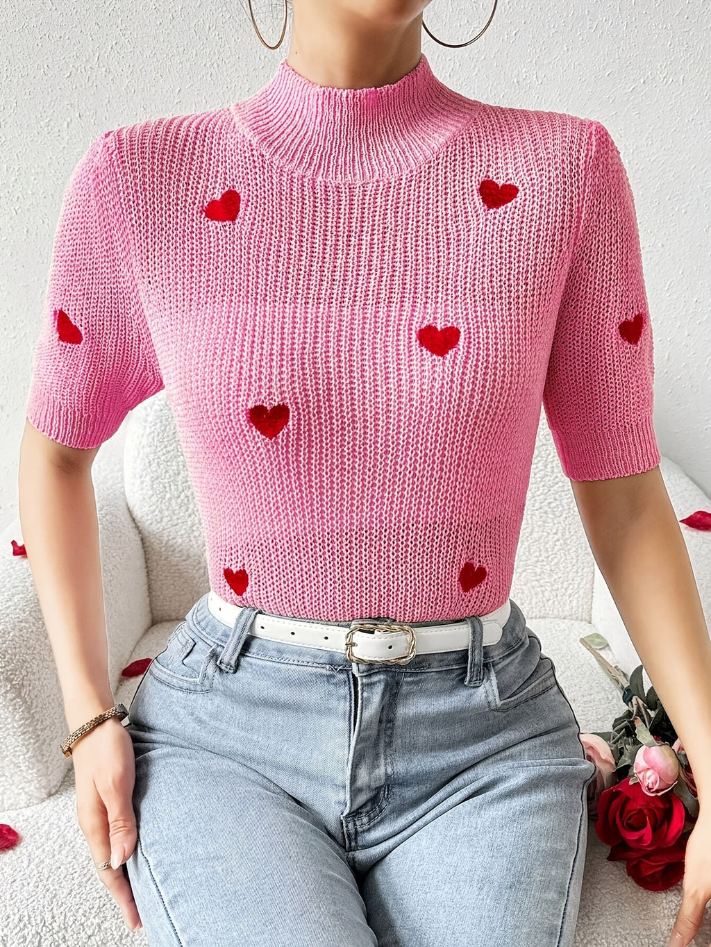 Fashion High-neck Heart Knit Short Sleeve Women