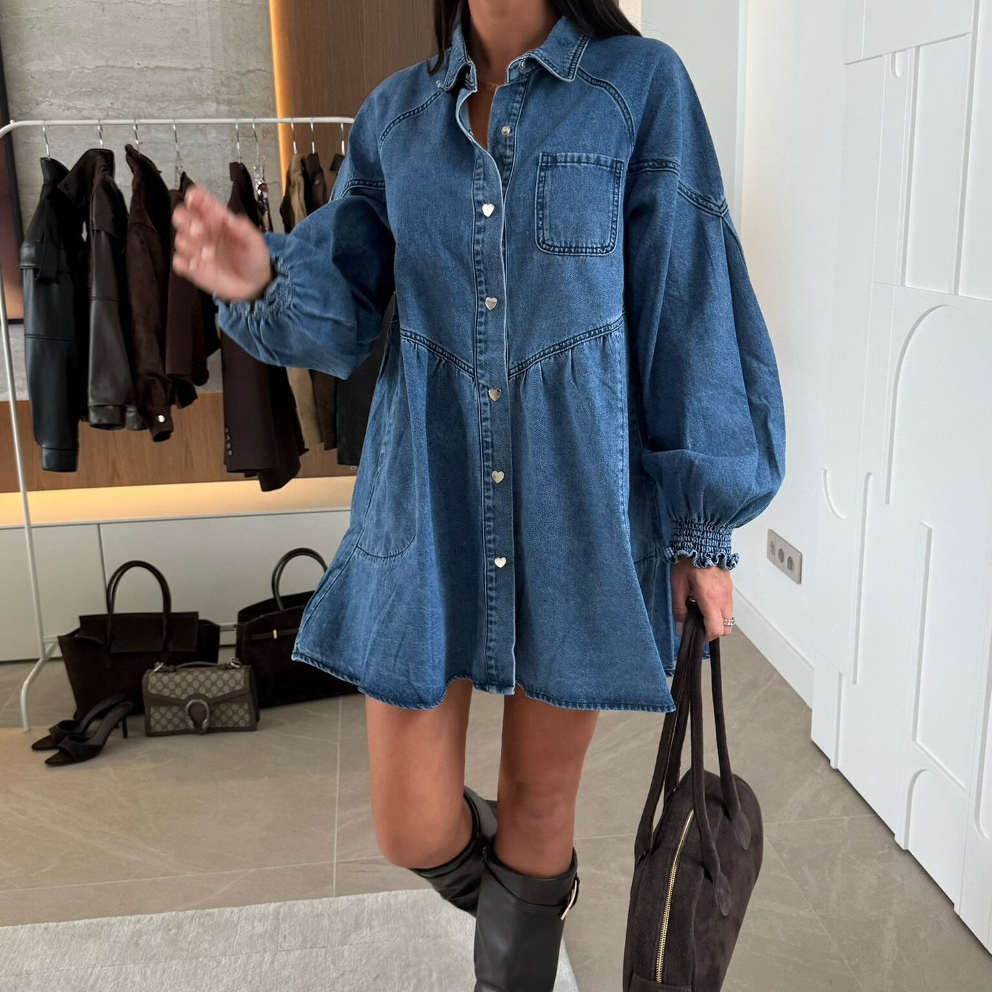 Casual Shirt Button Long Sleeve Denim Dress