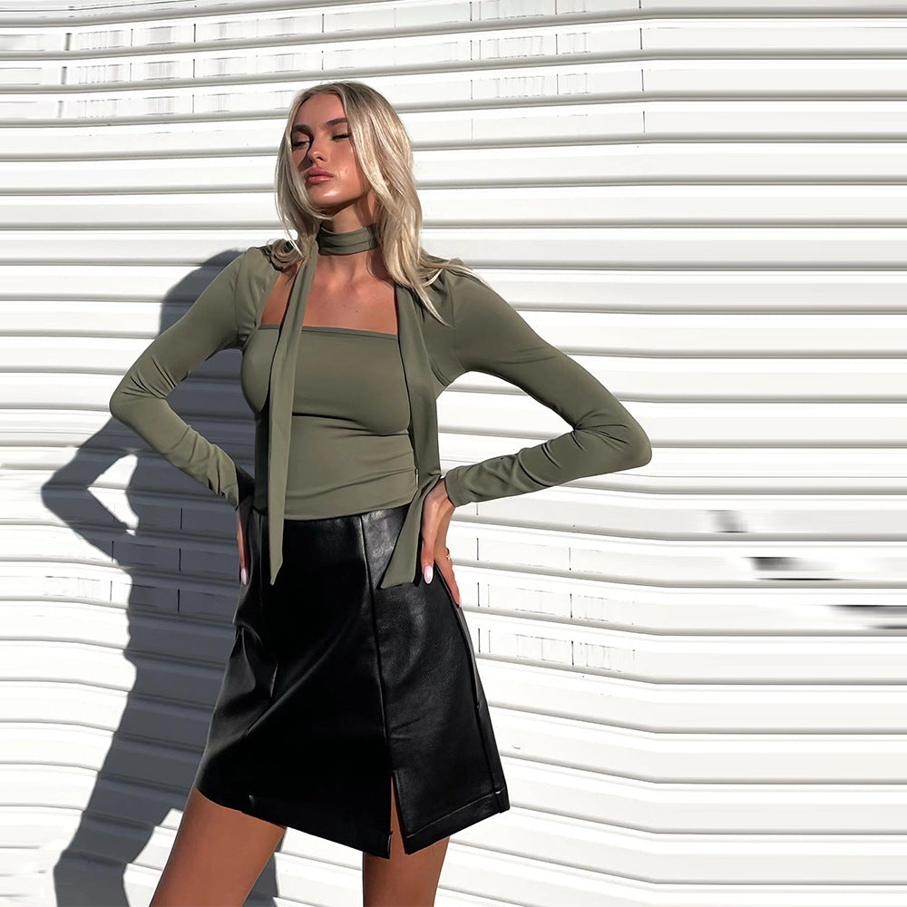 European And American High-end Mature Style T-shirt Autumn And Winter Square Neck Tie Slim Short Top With Temperament