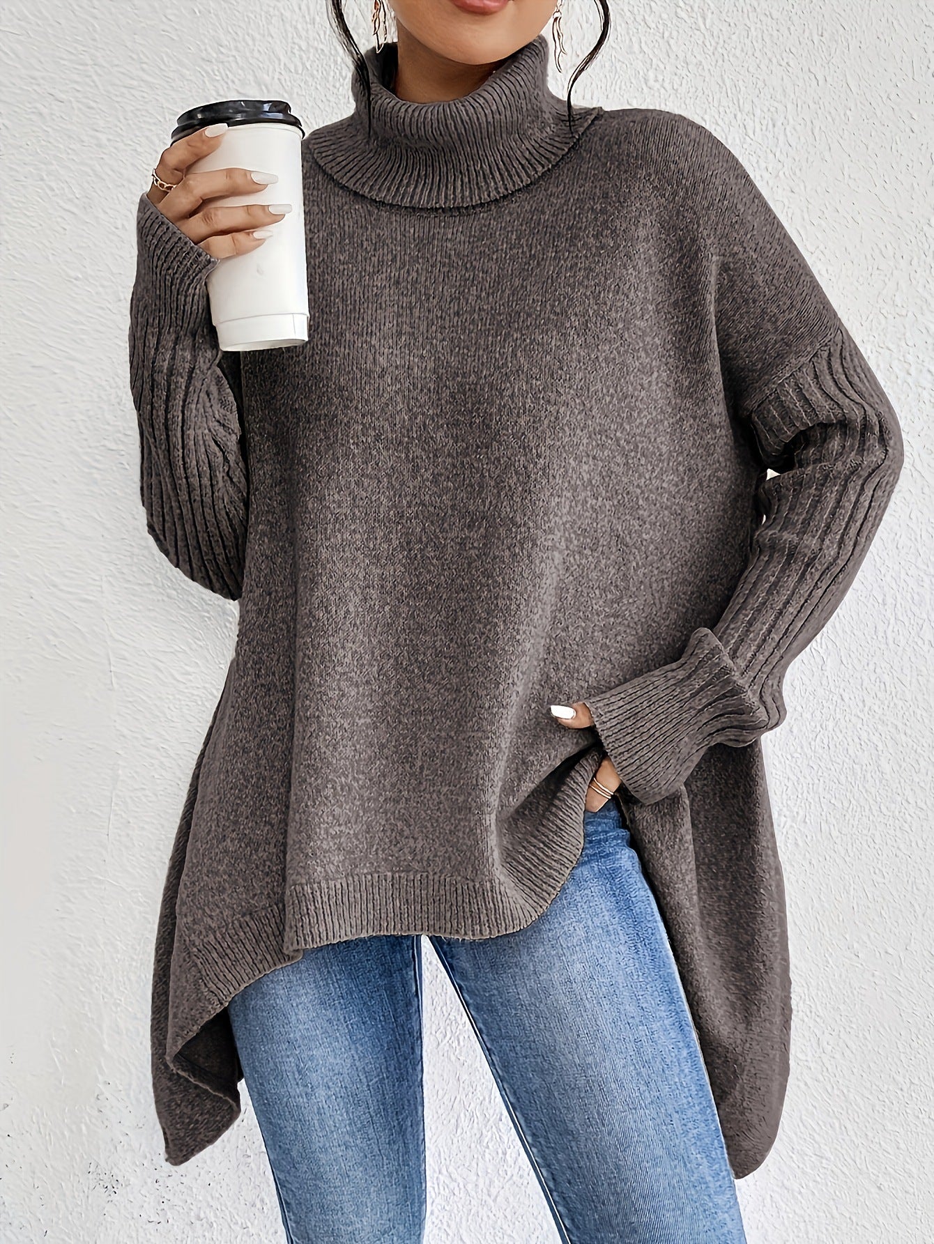 Irregular Turtleneck Sweater Winter Loose Long Sleeve Knitted Tops Leisure Warm Pullover Sweater Women's Clothing