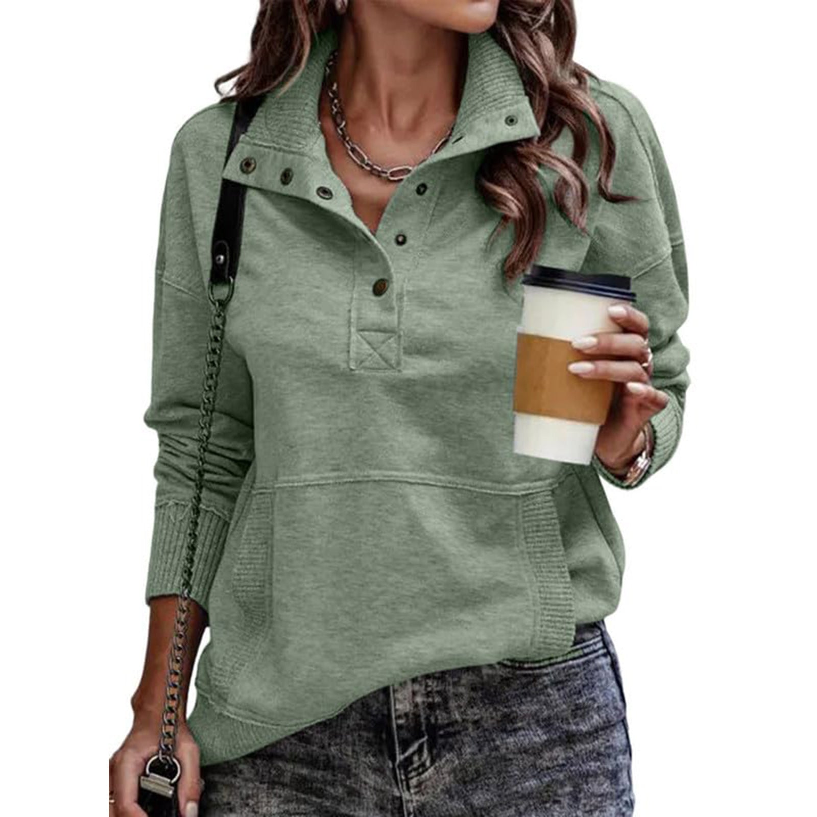 Women's Solid Color Pocket Design Long Sleeve Button Fashionable Sweatshirt