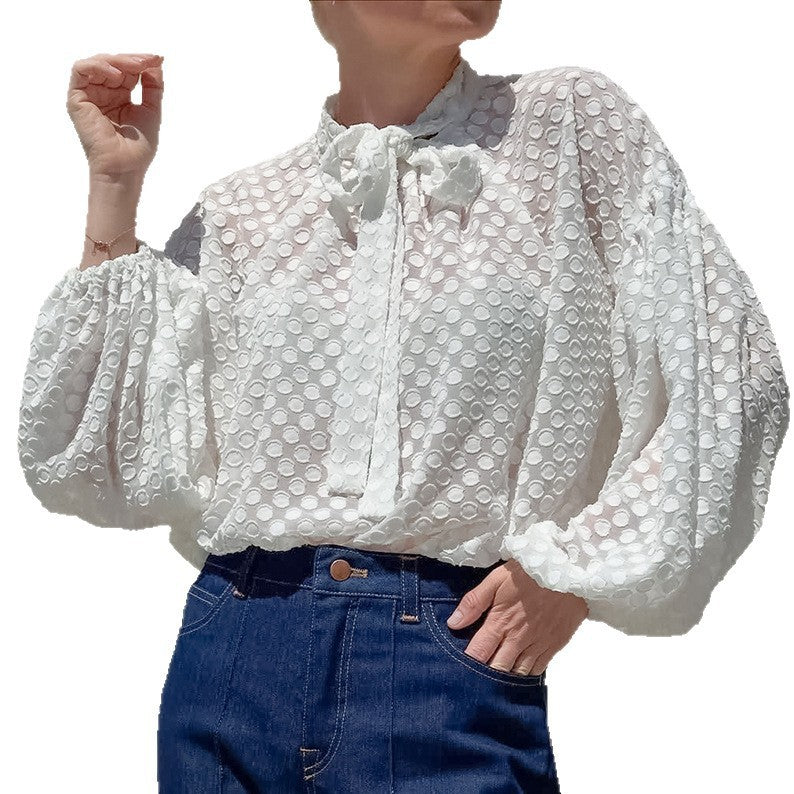 Lady Polka Dot Lace Elegant Long Sleeve